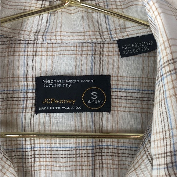 JCPenney 📌 size small VINTAGE cream brown blue & tan plaid short sleeve shirt - Picture 3 of 6